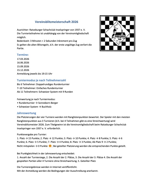 Blitzturnierserie 2026 Ausschreibung